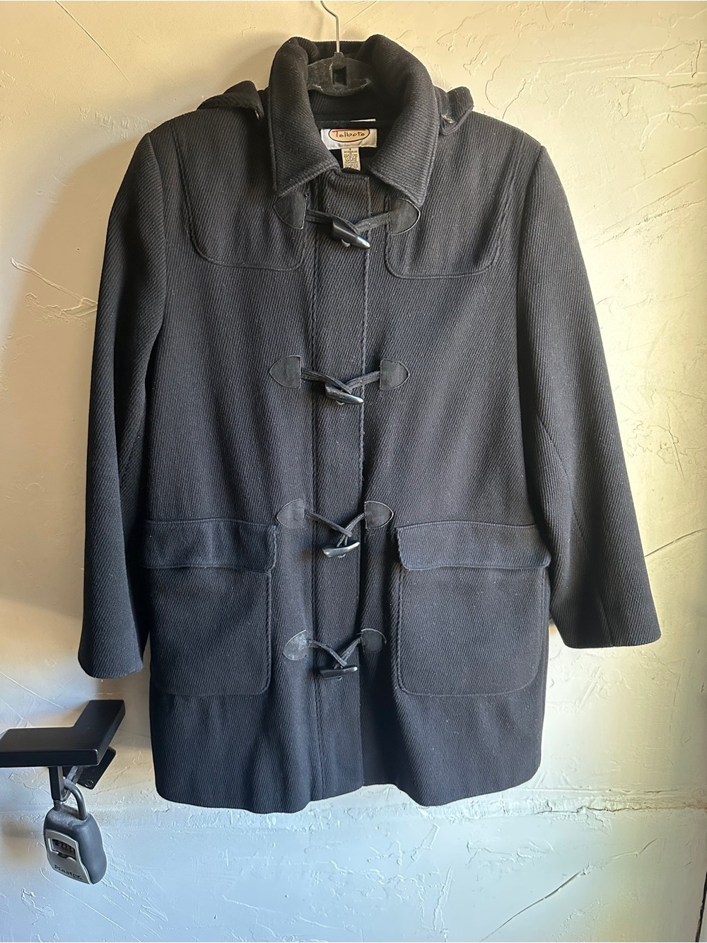 Talbots Black Wool Duffle Coat Hood Toggle Dark Academia Old Money Size 6